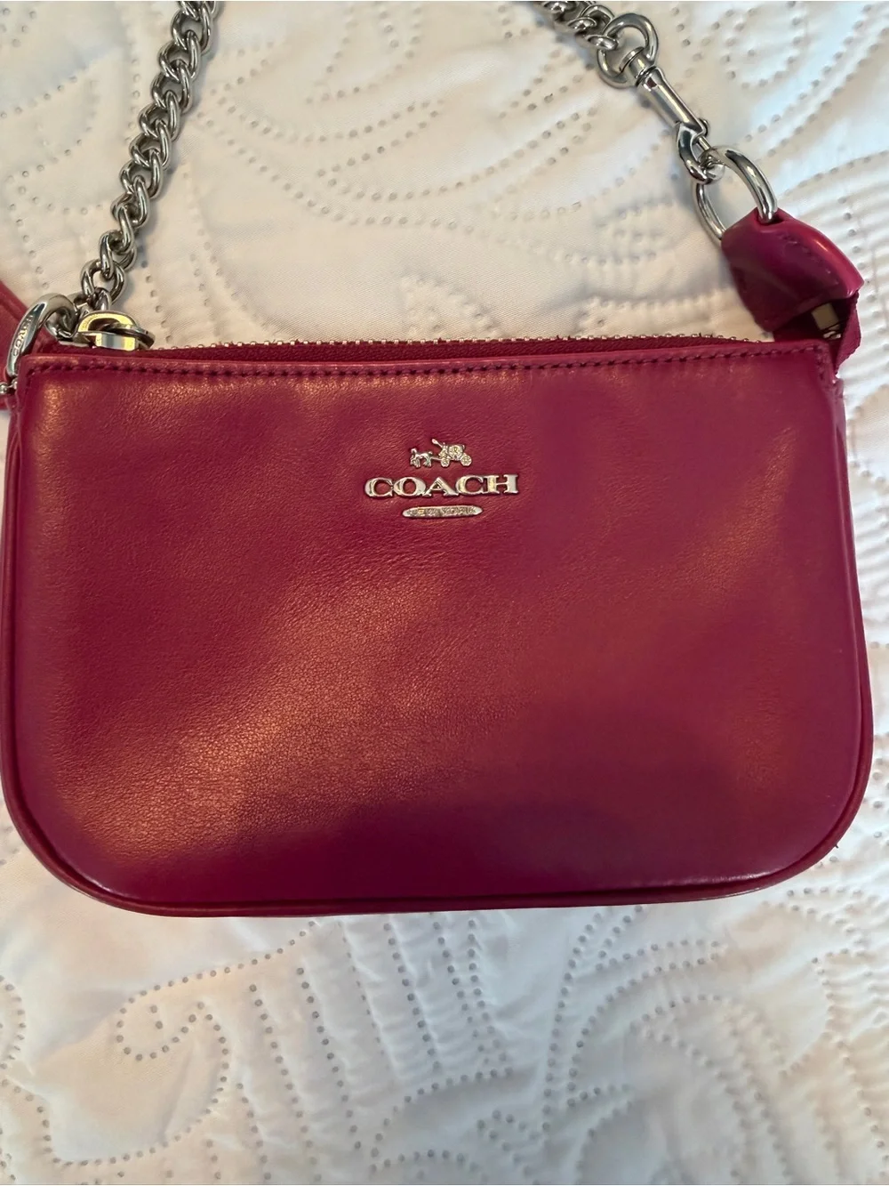 Coach Pink Leather Mini Wristlet with Silver Chain